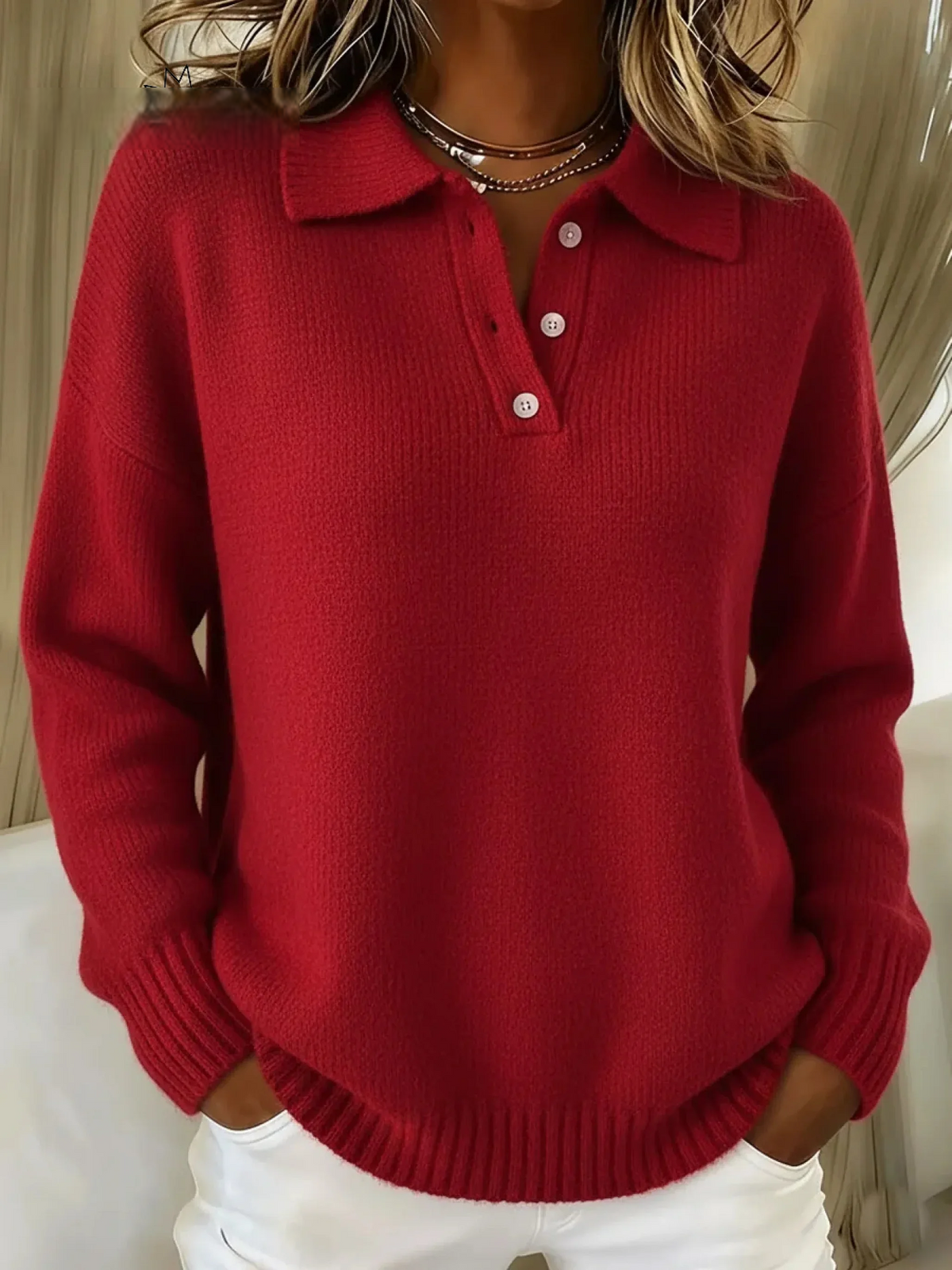 LunaTide – Classic Button Turtleneck Sweater – Red / XS