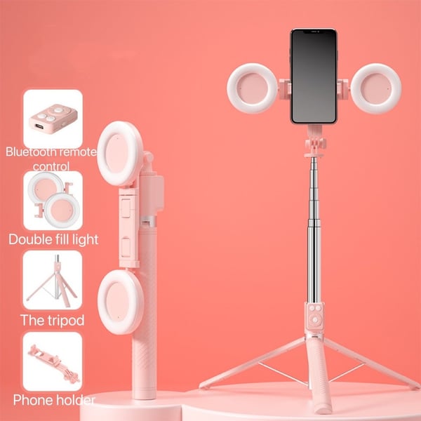 BrightCapture – Selfie Stick & Tripod Combo – Pink / Double Fill Lights