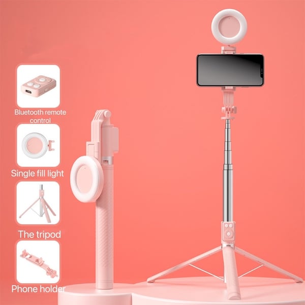 BrightCapture – Selfie Stick & Tripod Combo – Pink / Single Fill Light