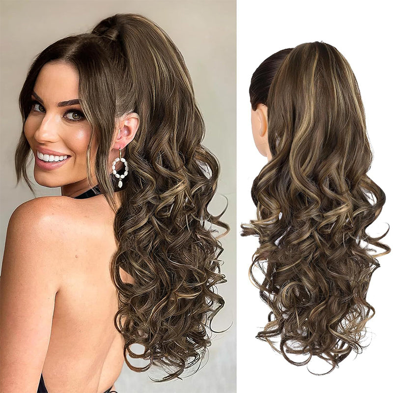 LunaLocks – Glamorous Wave Ponytail Extension – Chocolate Brown with Highlights / No comb