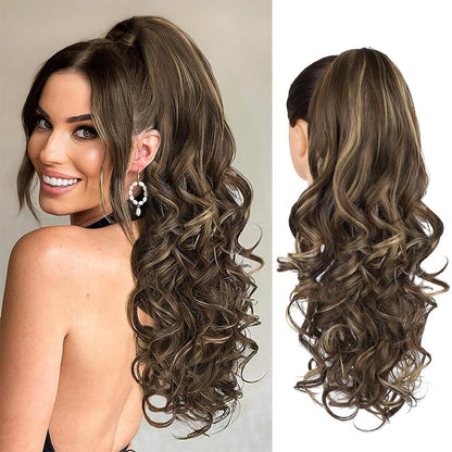 LunaLocks – Glamorous Wave Ponytail Extension – Chocolate Brown with Highlights / No comb