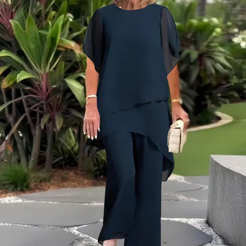 AuraChic – Irregular Hem Top & Elegant Pants Set – Navy / S