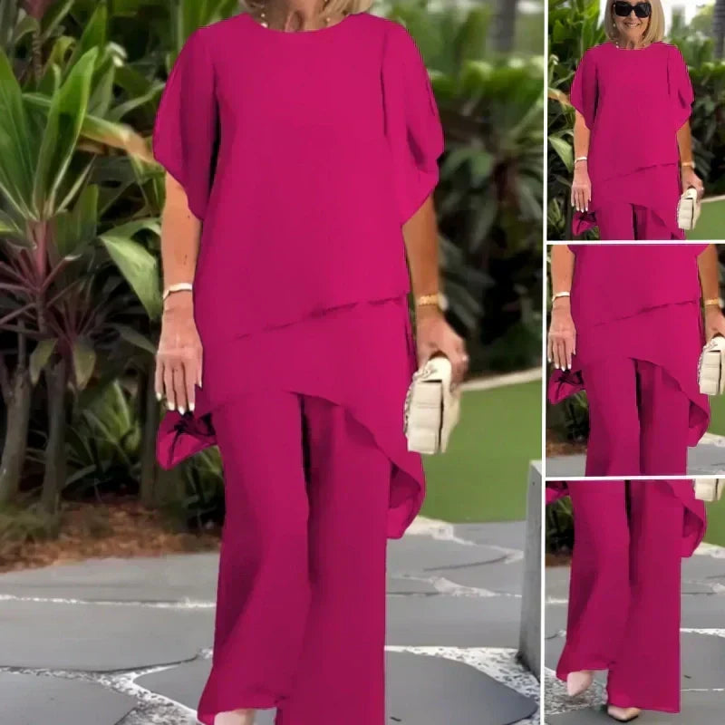 AuraChic – Irregular Hem Top & Elegant Pants Set – Rose / S
