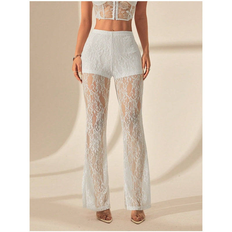 CharmiLace – High Waist Boho Flare Pants – White / S
