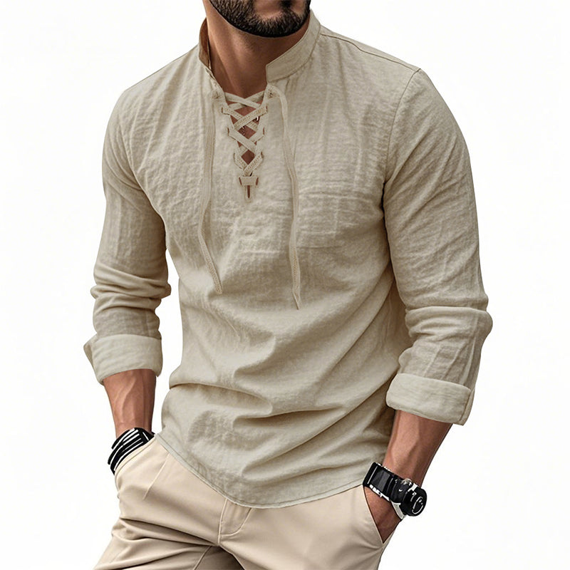 ClassicTie – Men’s Modern Stand Collar Buttoned Shirt – Light Khaki / S