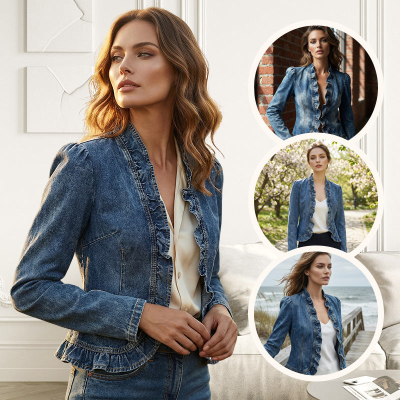 DenimLuxe – Women’s Ruffle Trim Denim Jacket – image 3