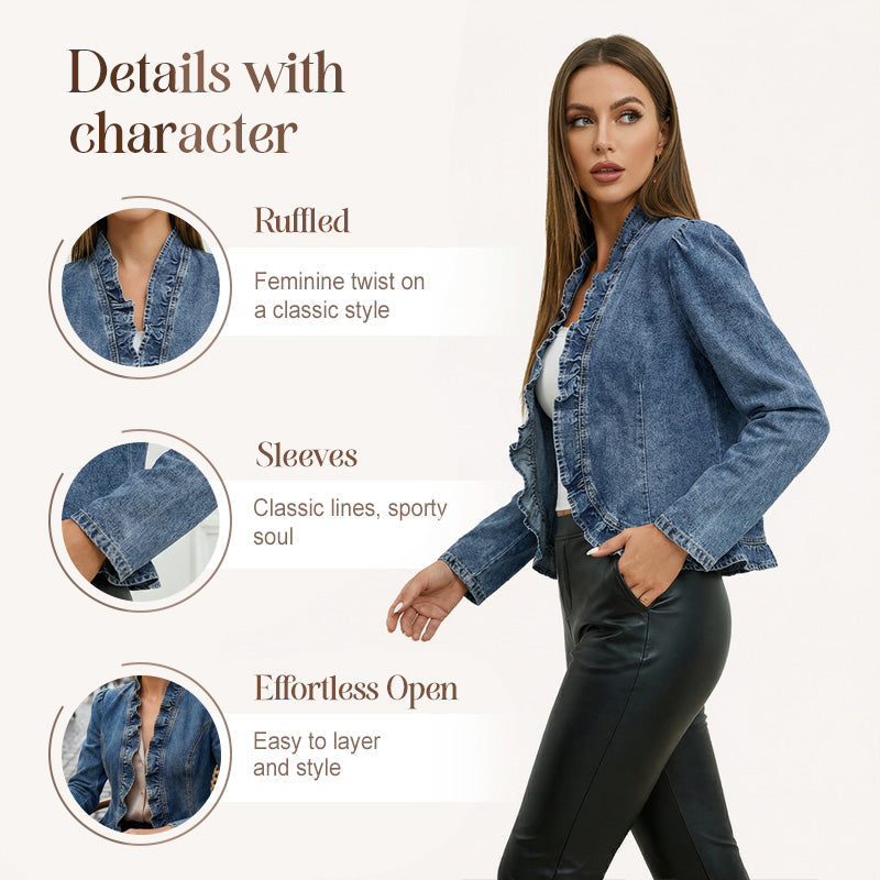 DenimLuxe – Women’s Ruffle Trim Denim Jacket – image 4