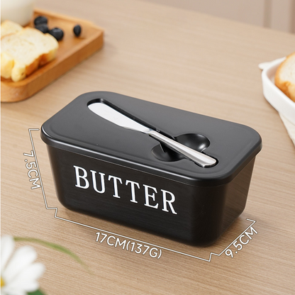 ButterNest – Large Butter Dish with Lid & Knife – Black / Thin Font