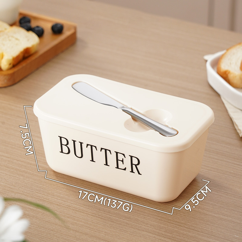 ButterNest – Large Butter Dish with Lid & Knife – Beige / Thin Font