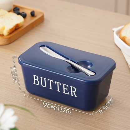 ButterNest – Large Butter Dish with Lid & Knife – Blue / Thin Font