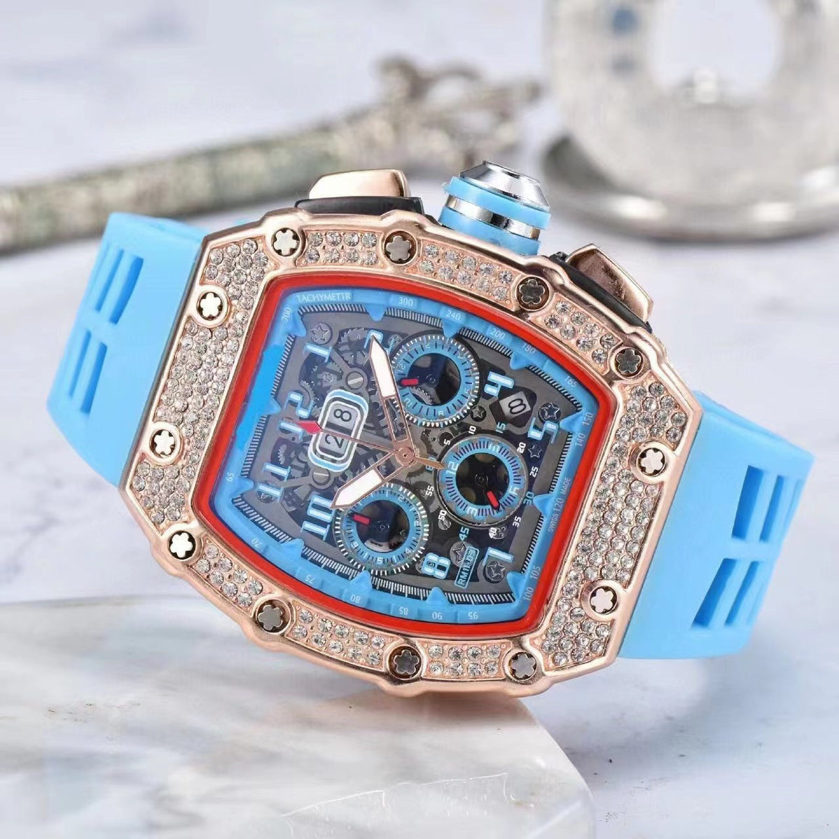 LuxeSpark – Rhinestone Embellished Watch – Light blue