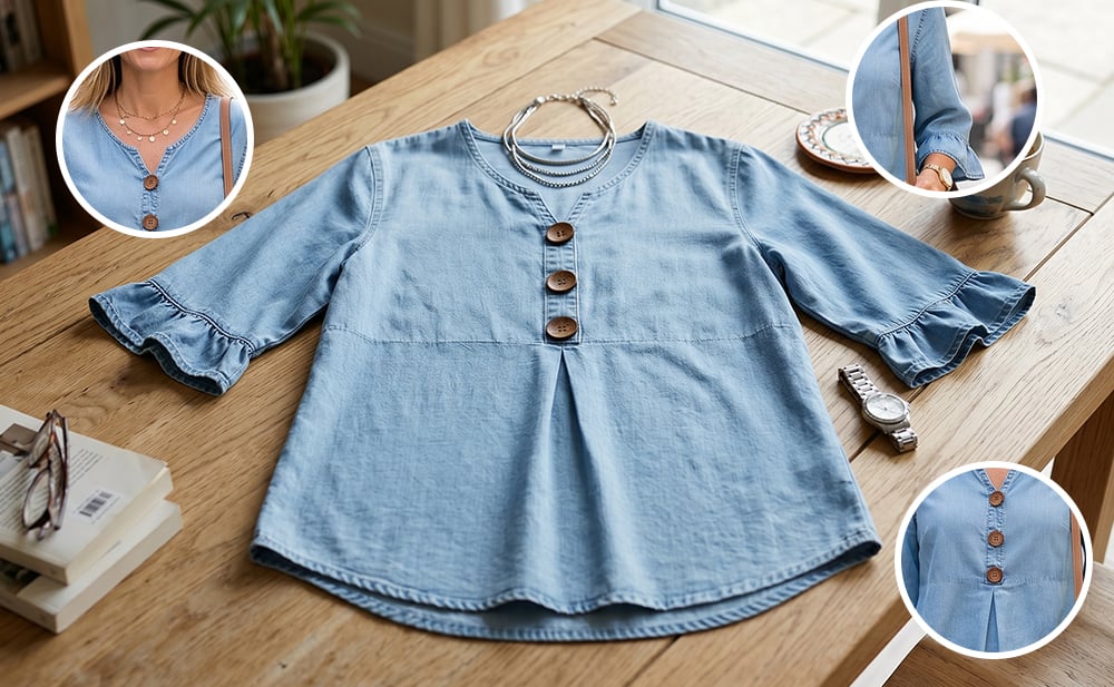 SoftDrape - Feminine V-Neck Flared Sleeve Denim Blouse – image 8