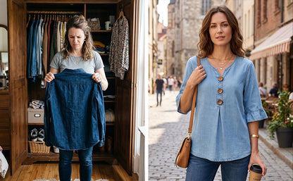 SoftDrape - Feminine V-Neck Flared Sleeve Denim Blouse – image 2