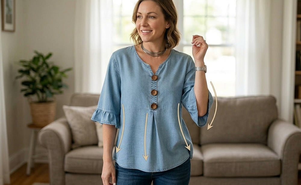 SoftDrape - Feminine V-Neck Flared Sleeve Denim Blouse – image 3