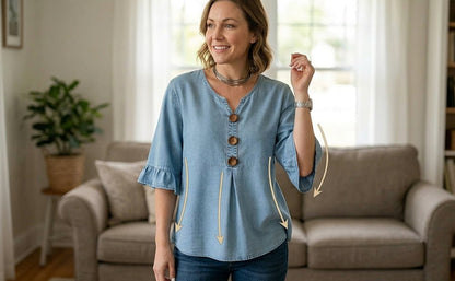 SoftDrape - Feminine V-Neck Flared Sleeve Denim Blouse – image 3
