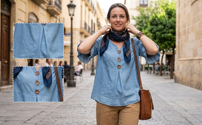 SoftDrape - Feminine V-Neck Flared Sleeve Denim Blouse – image 13