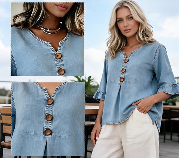 SoftDrape - Feminine V-Neck Flared Sleeve Denim Blouse – image 4