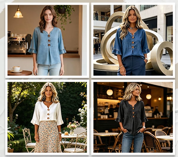 SoftDrape - Feminine V-Neck Flared Sleeve Denim Blouse – image 6