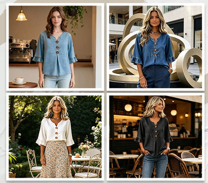 SoftDrape - Feminine V-Neck Flared Sleeve Denim Blouse – image 6