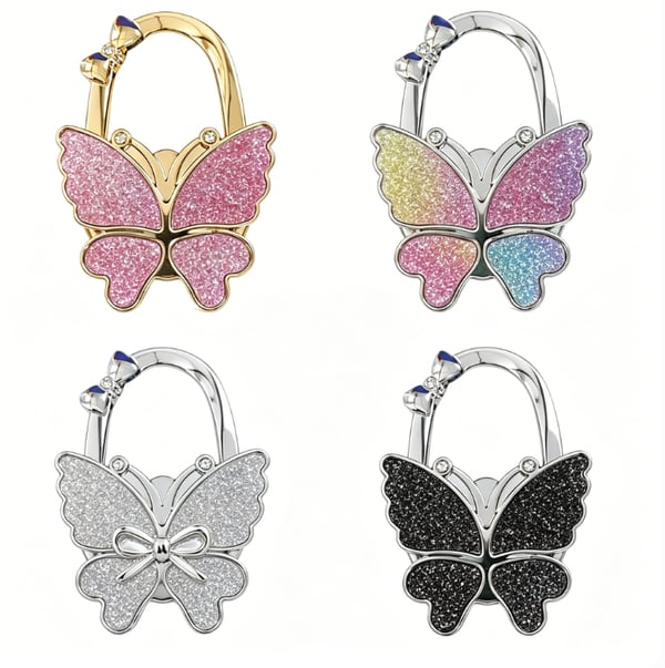 ButterHold – Foldable Butterfly Purse Hook – 4 PCS (Frosted Pink Glitter + Frosted Multicolor Glitter + Frosted White Glitter +Frosted Black Glitter)  (Save $20)