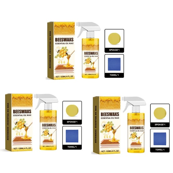 WoodAura – Natural Beeswax Floor Shine Spray – 3 sets (360ml+3*sponges+3*towels）