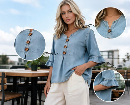 SoftDrape - Feminine V-Neck Flared Sleeve Denim Blouse – image 5