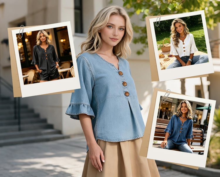 SoftDrape - Feminine V-Neck Flared Sleeve Denim Blouse – image 7